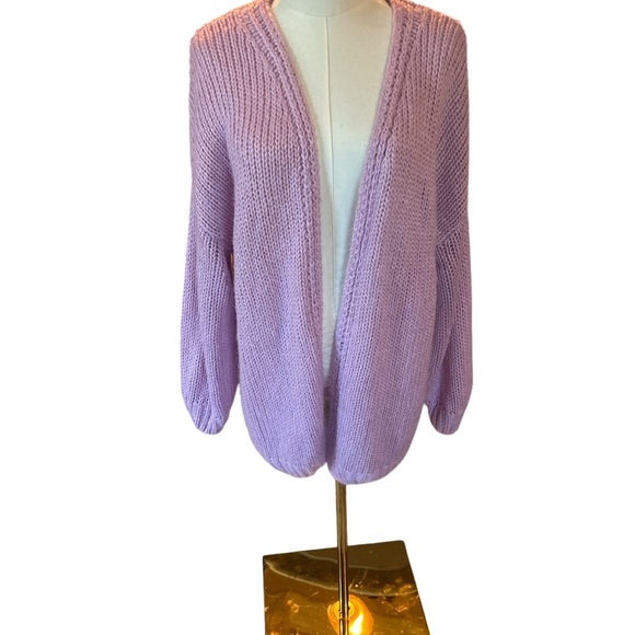 Lavender Chunky Knit Cardigan Sweater “ROCK & LOVE” Graphic Oversized Boho M/L - Picture 2 of 4